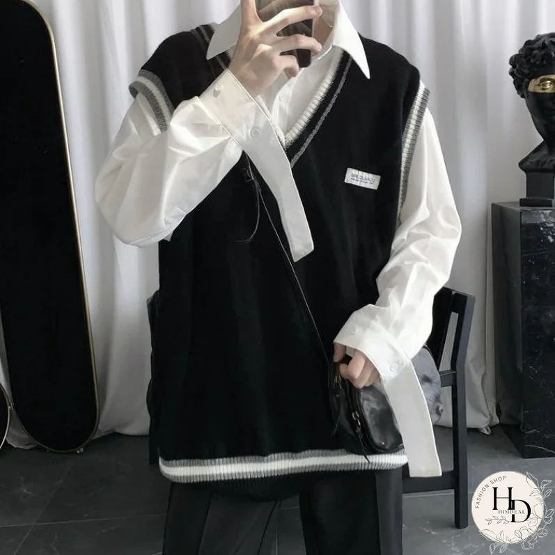 Autumn and Winter Acrylic Knit Sweater Vest Men's Solid Color Casual Loose Trend Black V Neck Sweater Pullover Sleeveless Vest