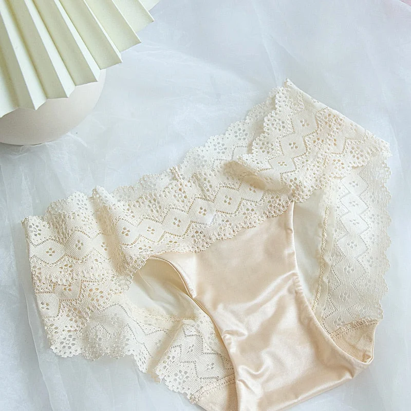 DERUILADY Satin Lace See Through Panties Women Intimates Sexy Hollow Out Underwear Cotton Bottom Seamless Lingerie G String