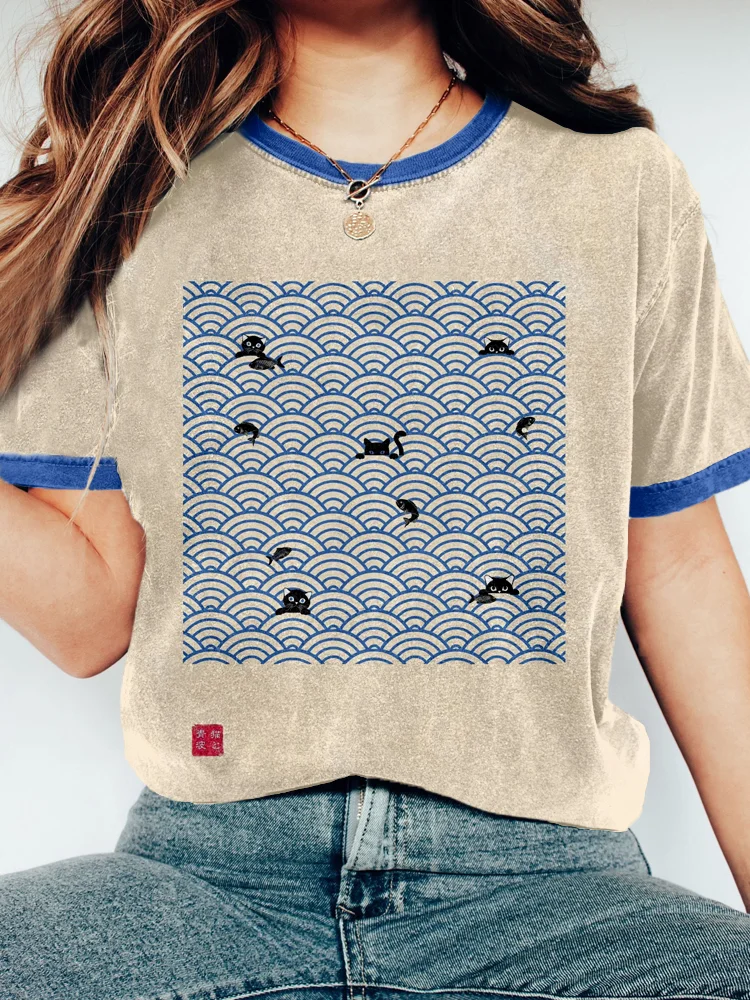 Japanese Ocean Waves & Cats Art Washed T Shirt