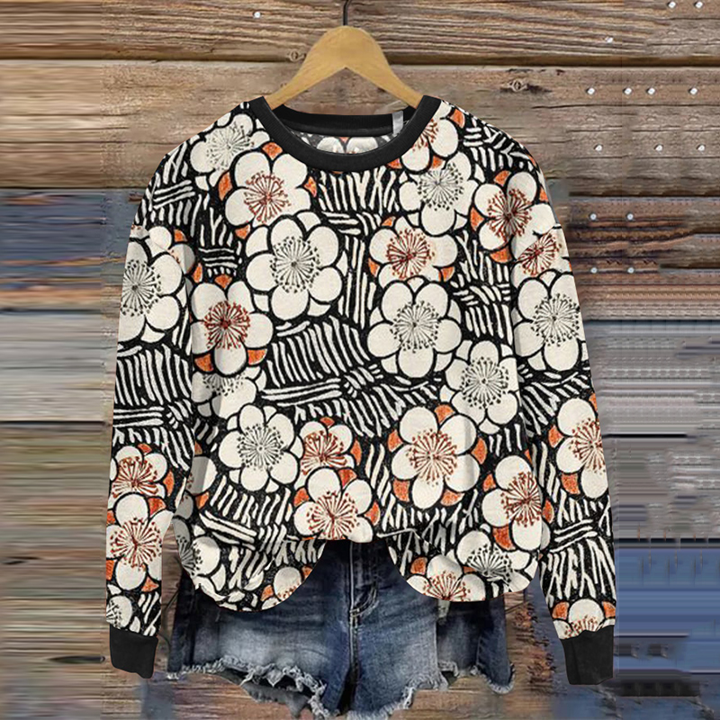 Japanese Art Sakura Print Crew Neck Sweatshirt wearshes