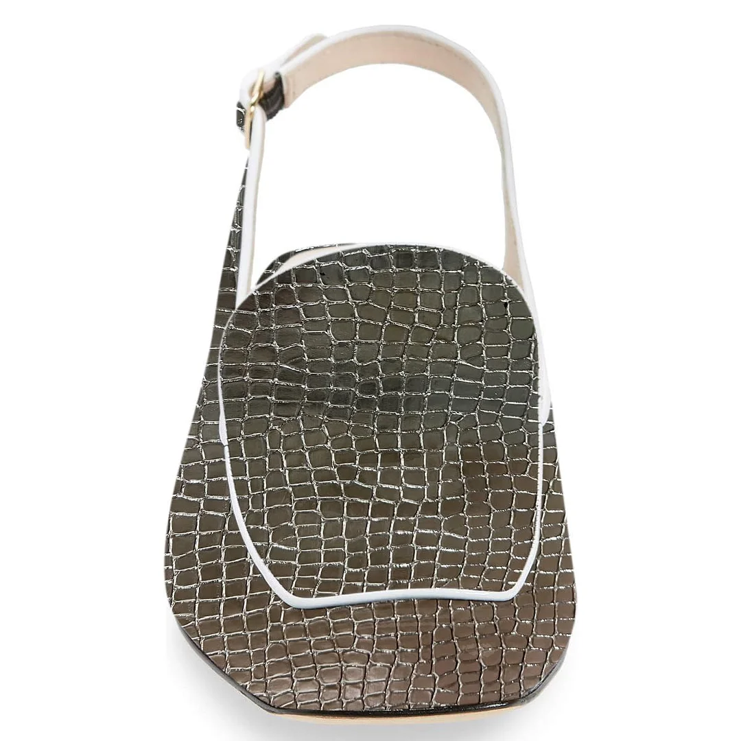 Chic Grey Gradient Embossed Slingback Chunky Heeled Loafers