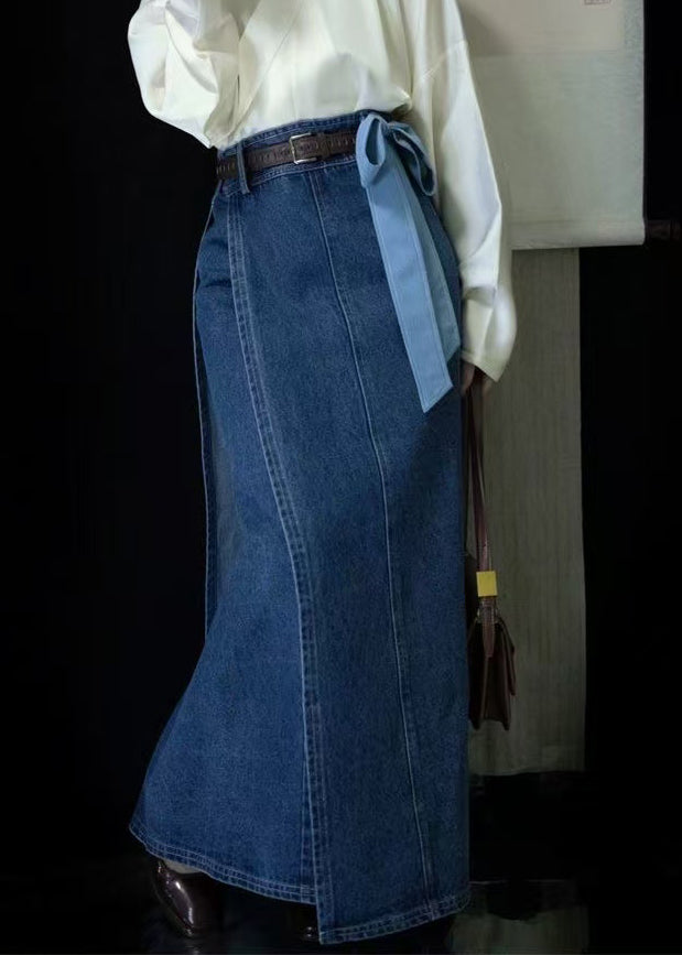 Blue Denim Button Up High Waist Side Split Skirt