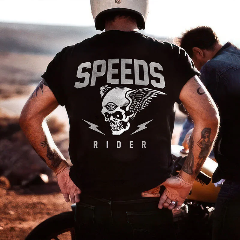 SPEED RIDER Three-eyed Winged Skull Print Men's T-shirt