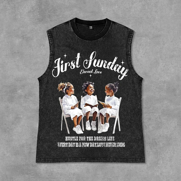 First Sunday Graphics Print Acid Washed Tank Top