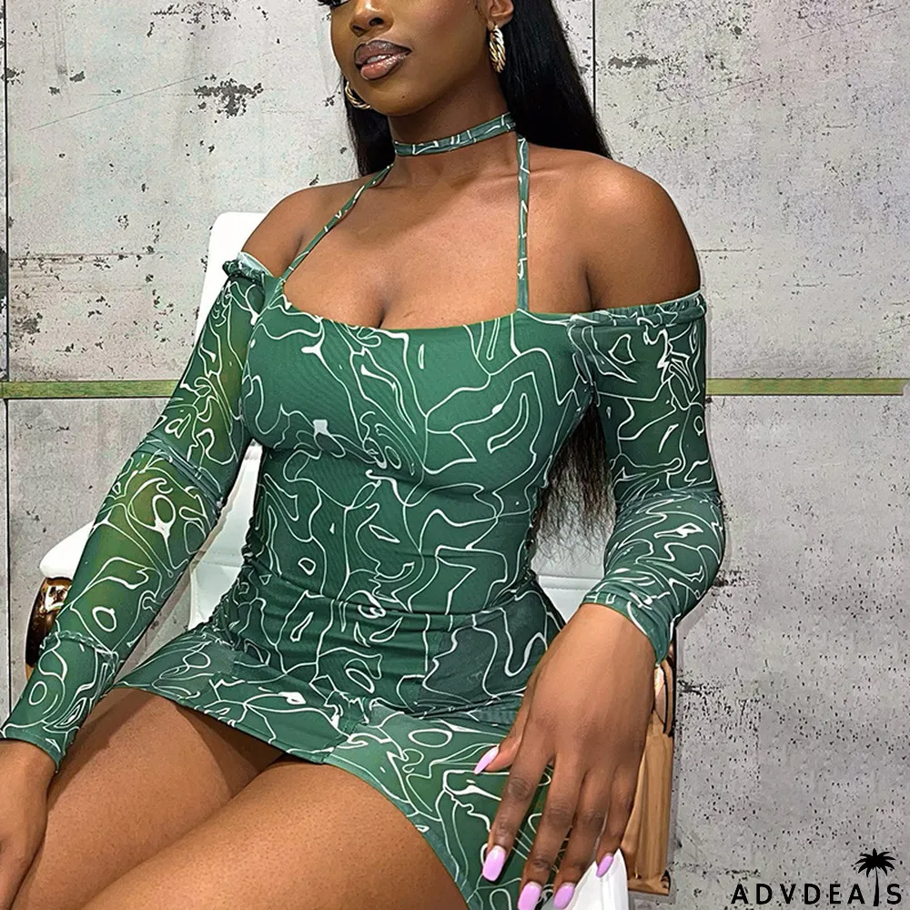 Women Fall Halter Neck Long Sleeve Tie Print Bodycon Dress
