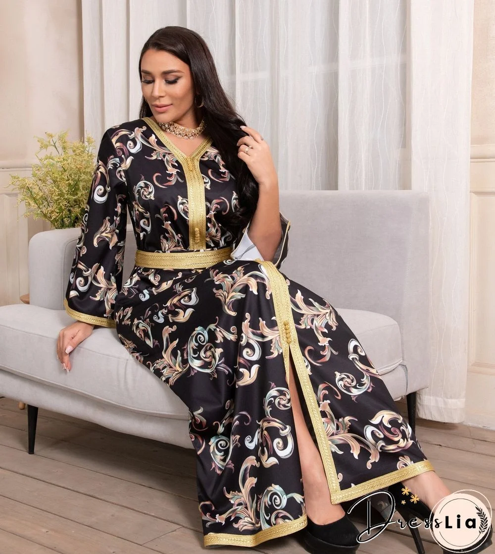 V Neck Long Sleeve Gold Belt Decorated Dress