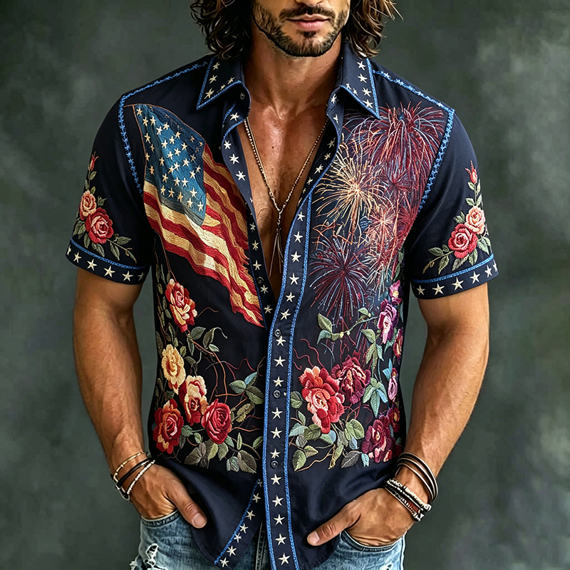  Men's Vintage 1776 Independence Day Flag Print Casual Short-sleeve Shirt Westsshops