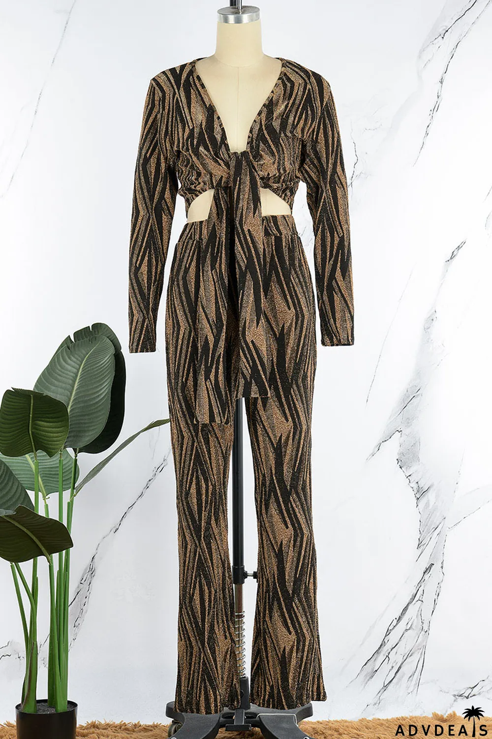 Black Sexy Print Bandage Patchwork V Neck Long Sleeve Two Pieces