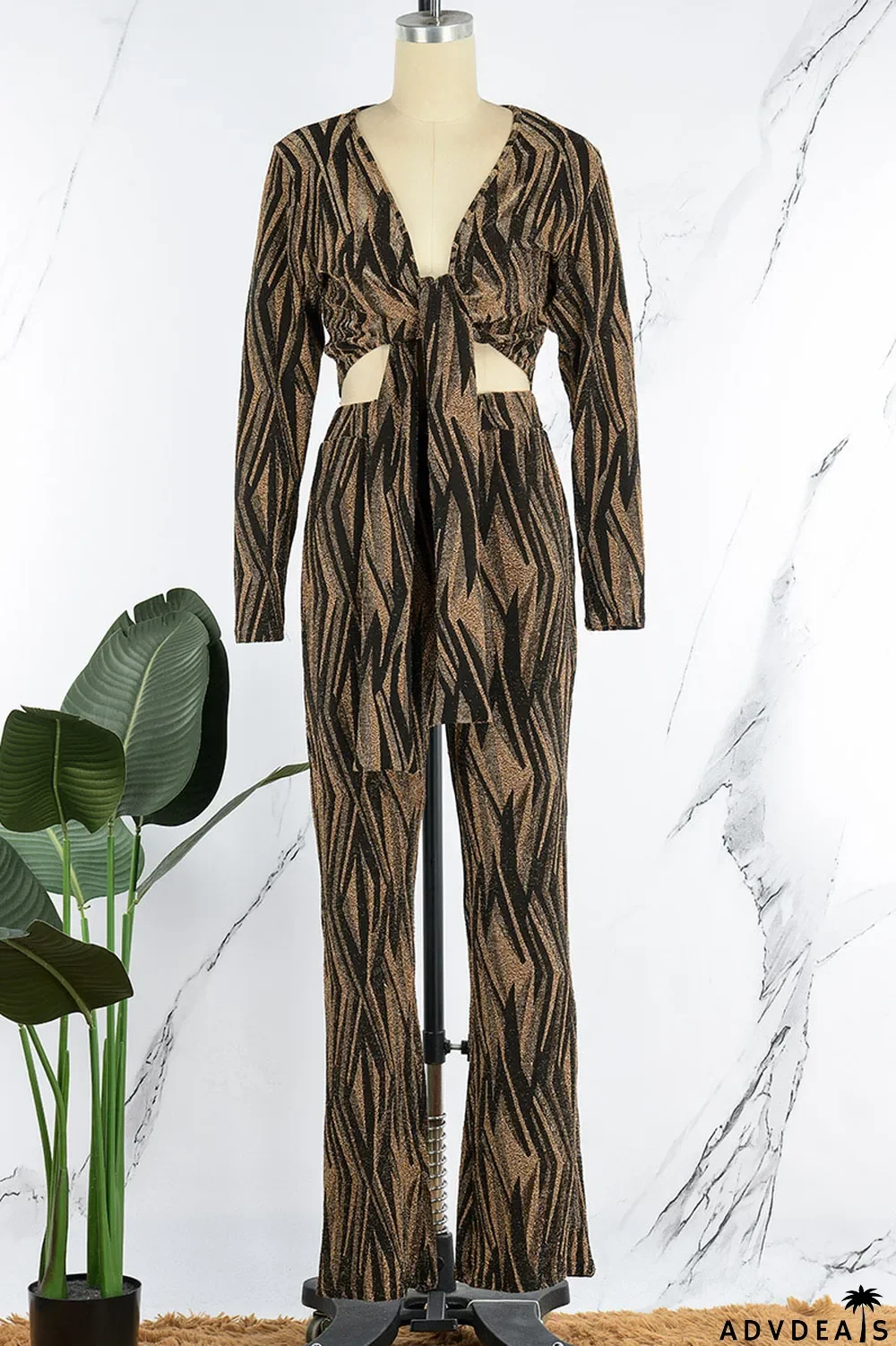 Black Sexy Print Bandage Patchwork V Neck Long Sleeve Two Pieces