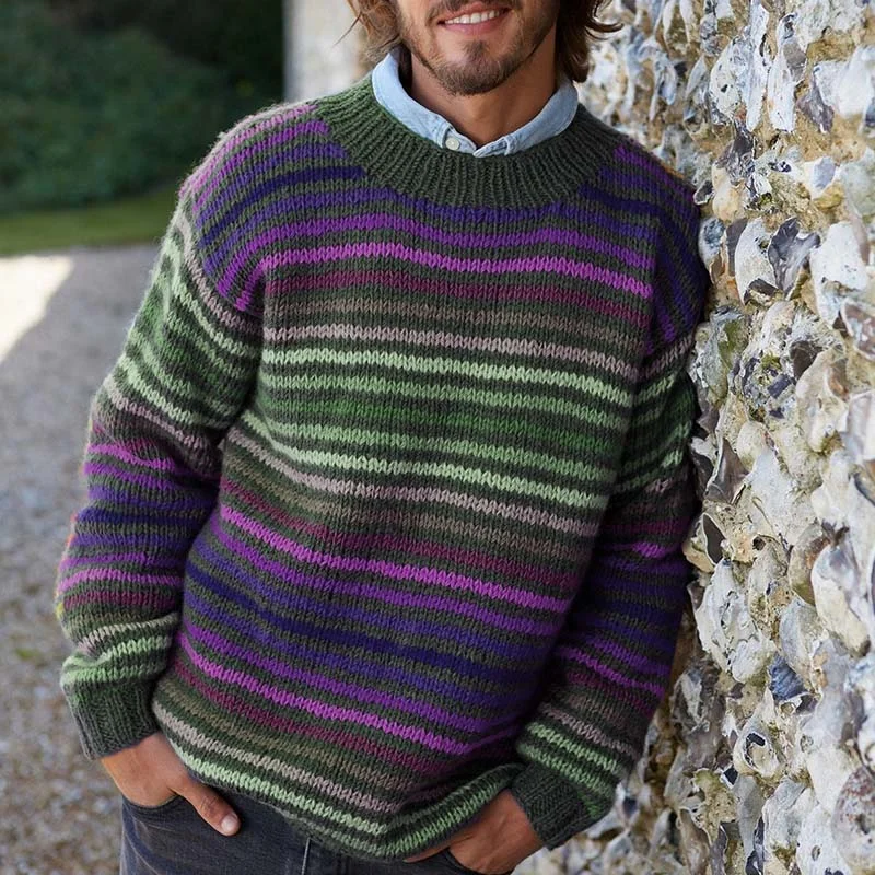 Vintage Rainbow Stripe Knit Jacquard Crew Neck Sweater（Unisex）