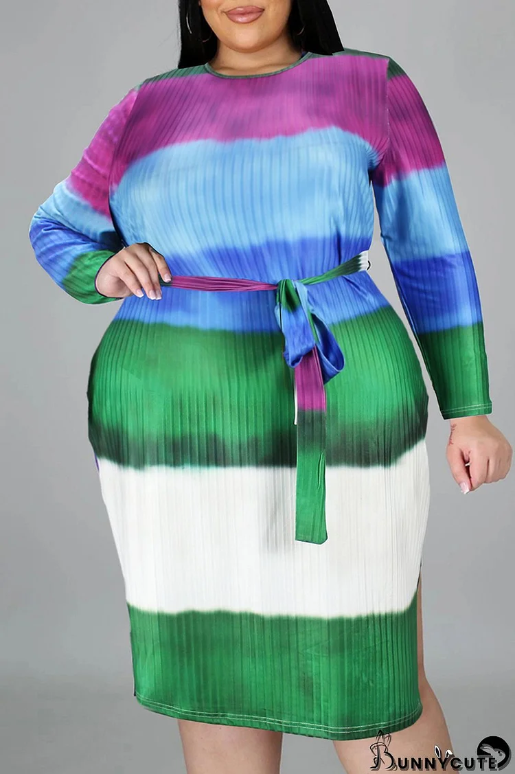 Purple Green Fashion Casual Print Slit With Belt O Neck Long Sleeve Plus Size Dresses