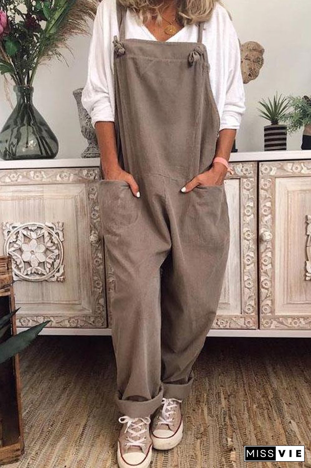 Cotton Linen Wide Leg Baggy Overalls