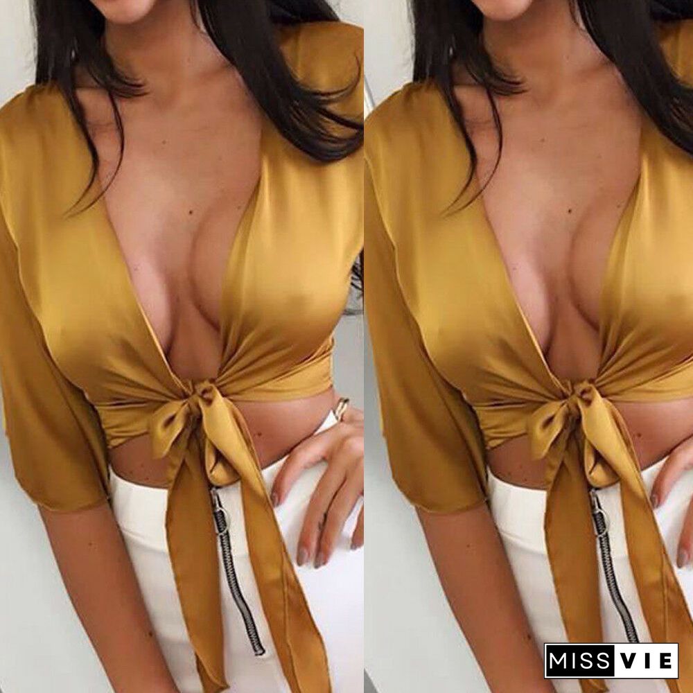 Womens Floral Ladies V Neck Tie Knot Front Flared Sleeve Plunge Neck Crop Top