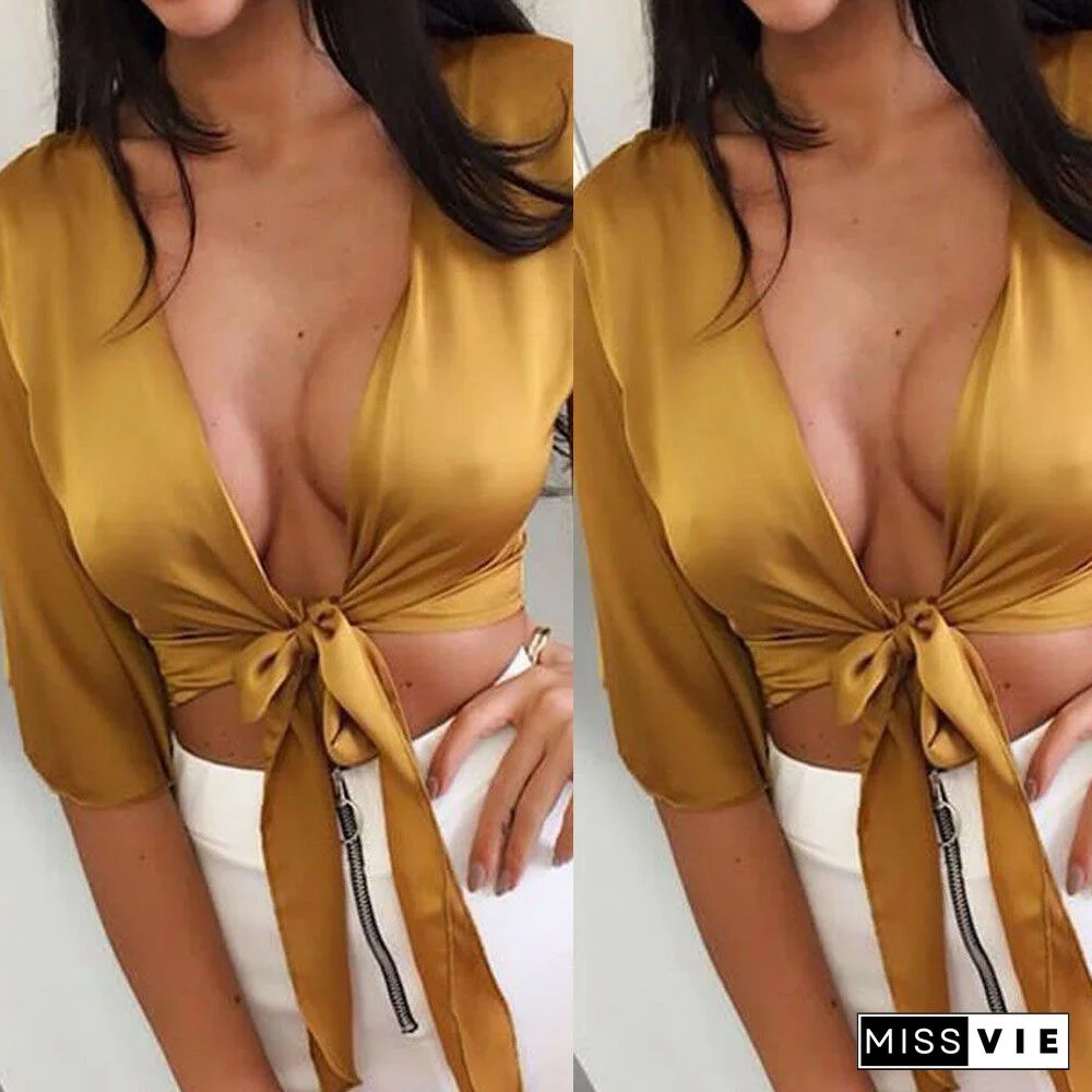 Womens Floral Ladies V Neck Tie Knot Front Flared Sleeve Plunge Neck Crop Top