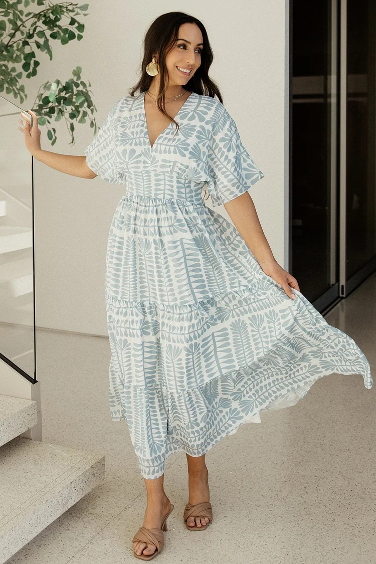 Elegant Kimono Style Dress - Blue Print