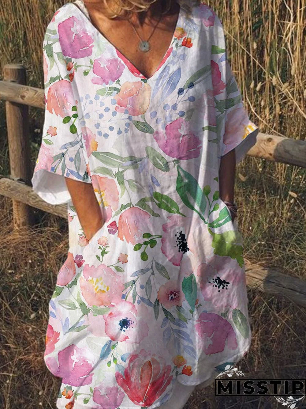 Women Watercolor Floral Print V-Neck 3/4 Sleeve Dress With Pocket