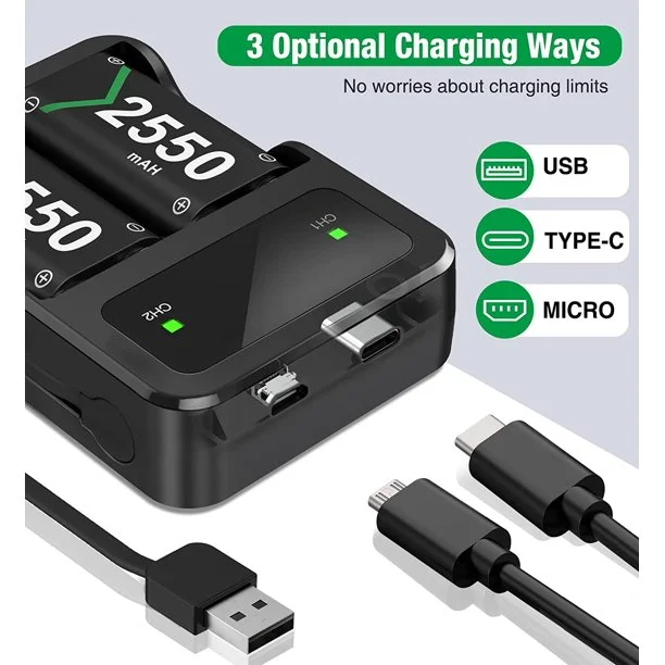 DinoFire Xbox Charger Station for Xbox Series X|S/Xbox One, with 2x2550 mAh Xbox Rechargeable Battery Pack