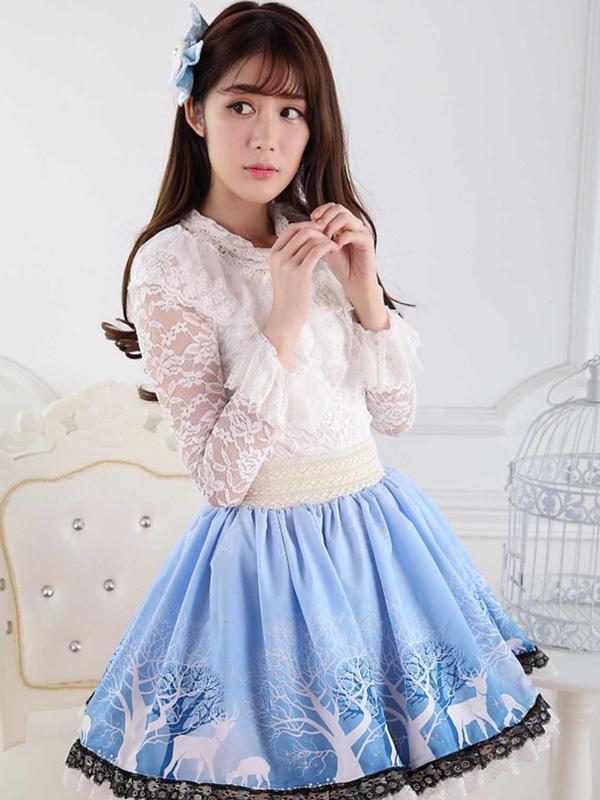  Sweet Blue Polyester Printed Lace Trim Lolita Skirt 