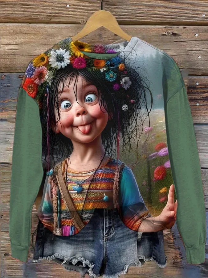 Women's Flower Hippie Grimace Little Girl Art Print Casual Sweatshirt