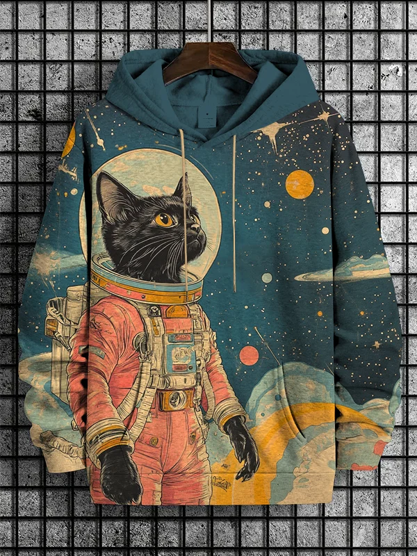 Men's Space Astronaut Cat Art Print Hooded Sweatshirt