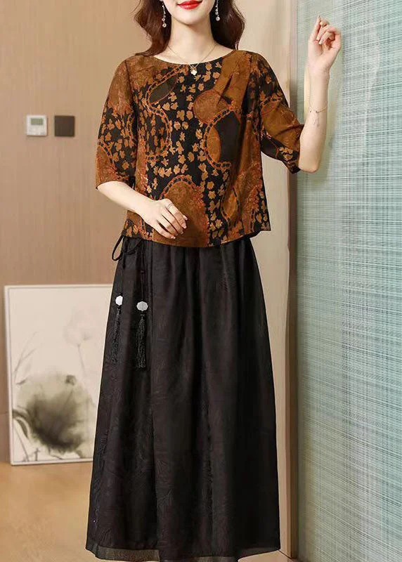 Beautiful Coffee O-Neck Print Silk Tops And Skirts Two Pieces Set Summer