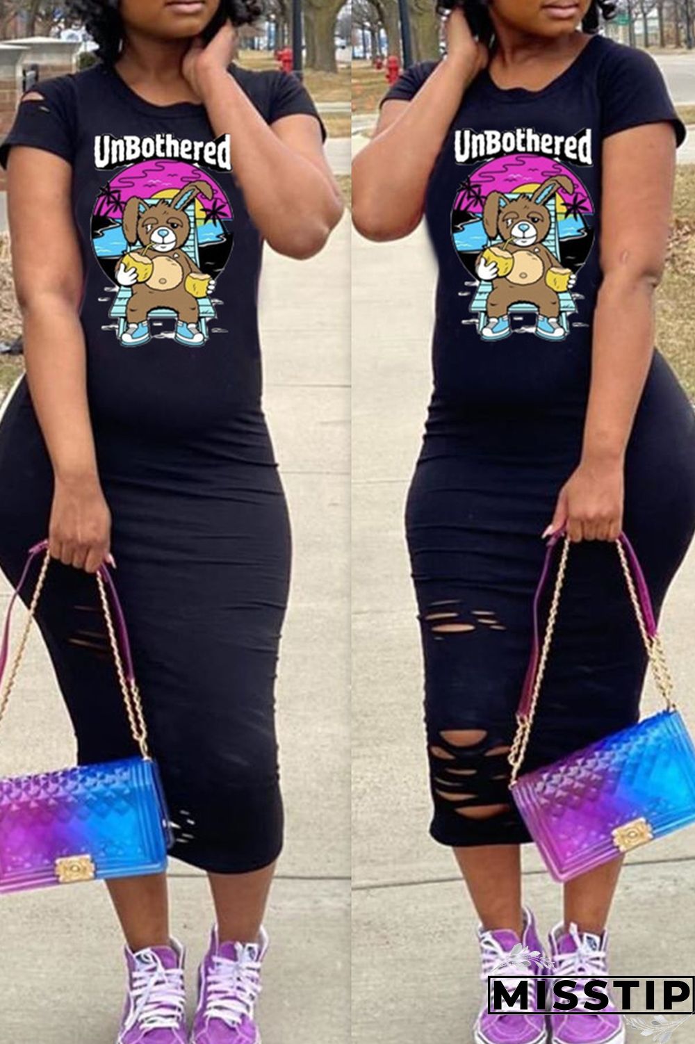 Grey Fashion Casual Cartoon Print Ripped O Neck Short Sleeve Dress