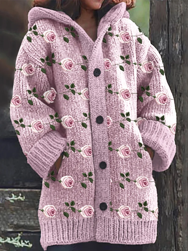 VChics Rose Vineman Embroidery Cozy Hooded Cardigan