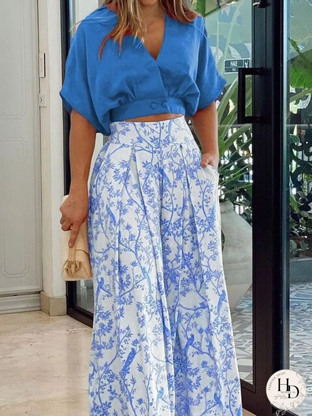 V-neck Crop Tops+Long Wide Legs Long Pants Two-piece Elegant Casual Streetwear Summer Outfits Vintage Ol Printing Trouser Suits