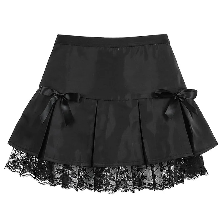 Sweetown Black Goth Aesthetic Pleated Skirts Women Lace Trim Low Waist Girl Mini Skirt Punk Dark Academia New Dance Streetwear
