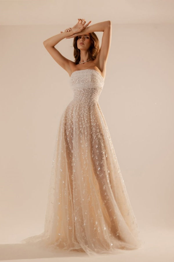 Lussooy Amazing Sequins Straight Across A-Line Sleeveless Strapless Tulle Prom Dress 