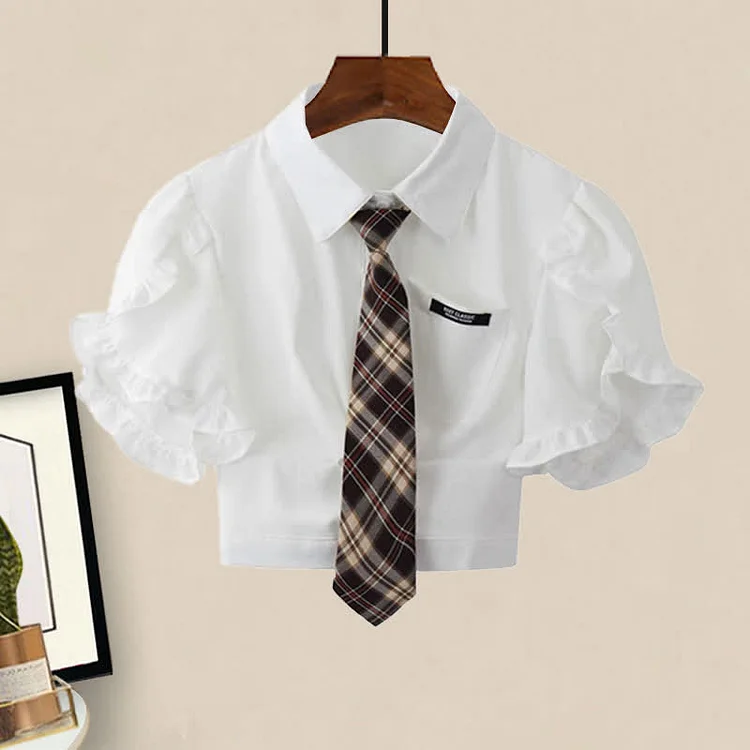 Pocket Lapel Tie T-Shirt Denim Overalls Two Pieces Set - Modakawa modakawa