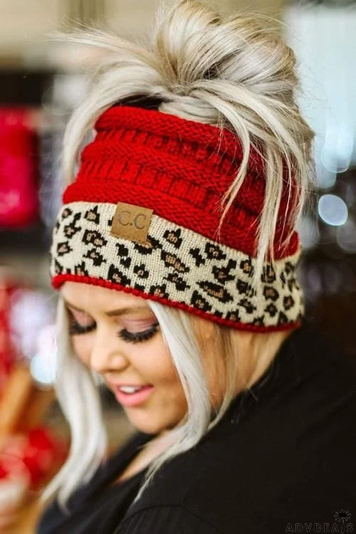 Animal Print Messy Bun Beanie