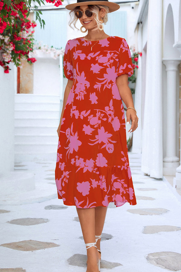 Floral Print Ruffle Hem Short Sleeve Dress