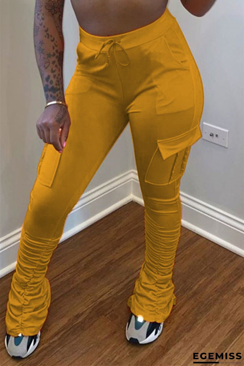 Yellow venetian Elastic Fly Mid Solid Pocket pencil Pants Bottoms | EGEMISS