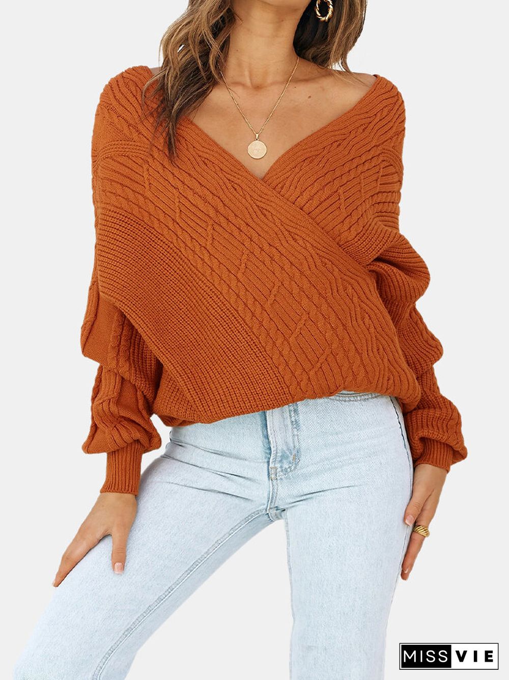 Solid Color V-neck Long Sleeve Sweater