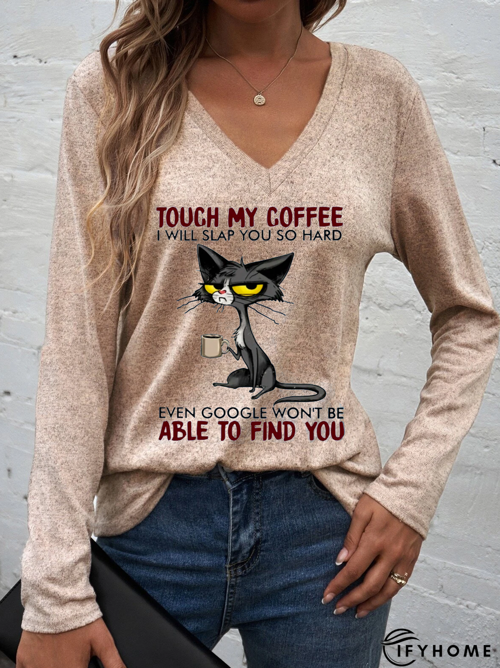 Cat Drinking Coffee Touch My Coffee Funny Letters T-Shirt | IFYHOME