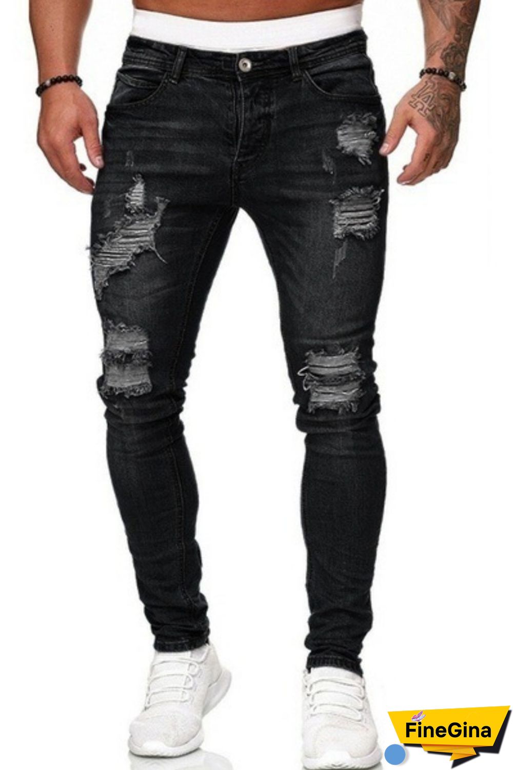 Black Casual Solid Ripped Patchwork Regular Mid Waist Conventional Solid Color Jeans