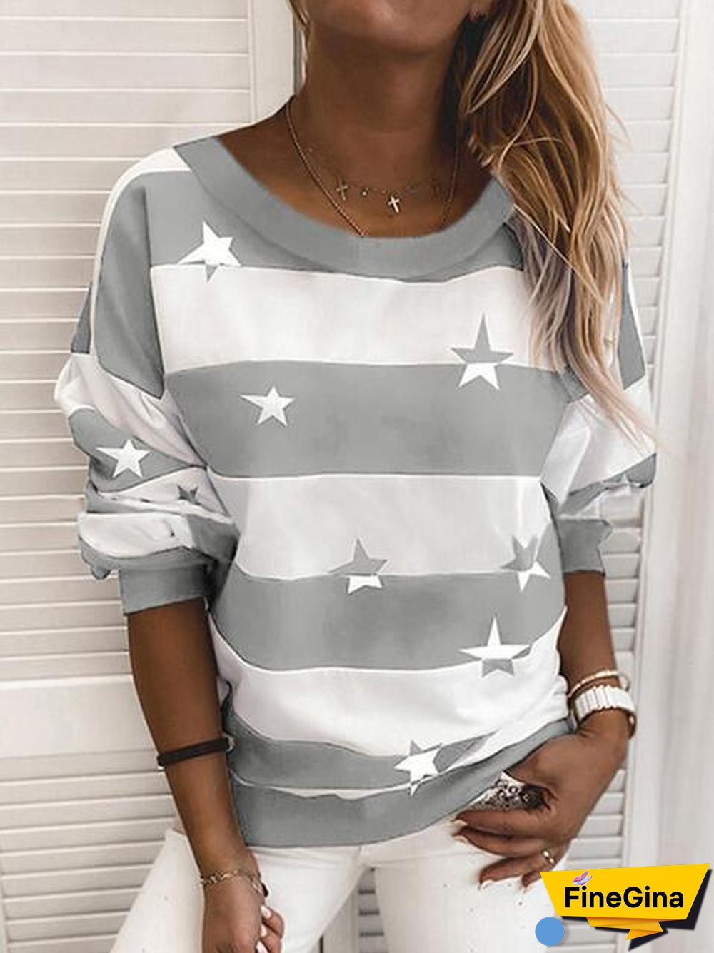 Stripe Star Print Round Neck Sweater