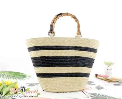 fashion bamboo handle women handbags casual striped bucket bag large capacity rattan straw bags wicker summer beach travel purse