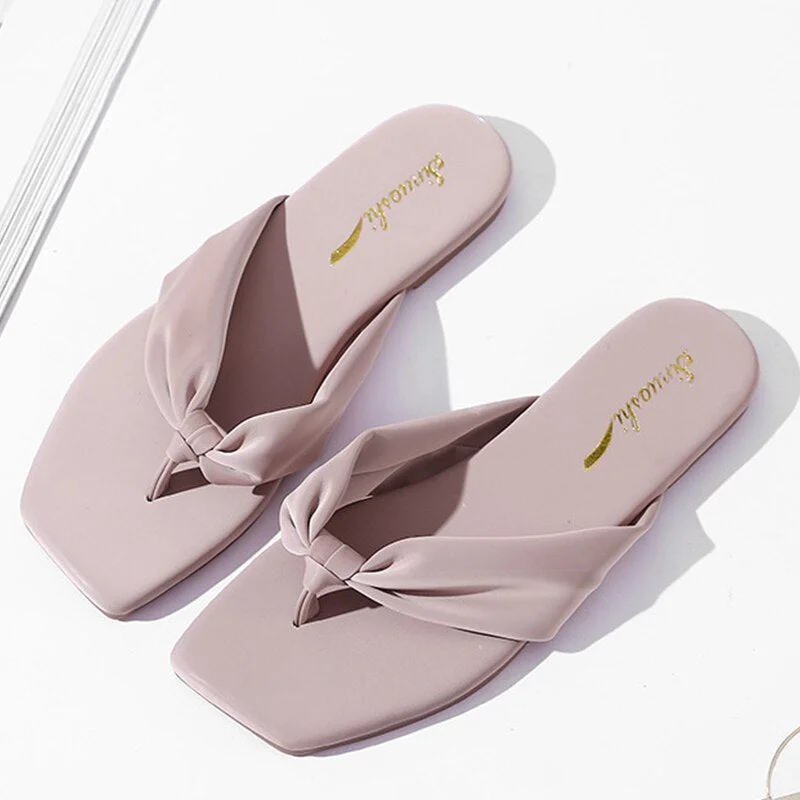 Elegant Leather Slippers Women Flat Shoes Ladies Pink Flip Flops Comfortable Weave Outdoor Slides 2021 Summer Woman Sandals