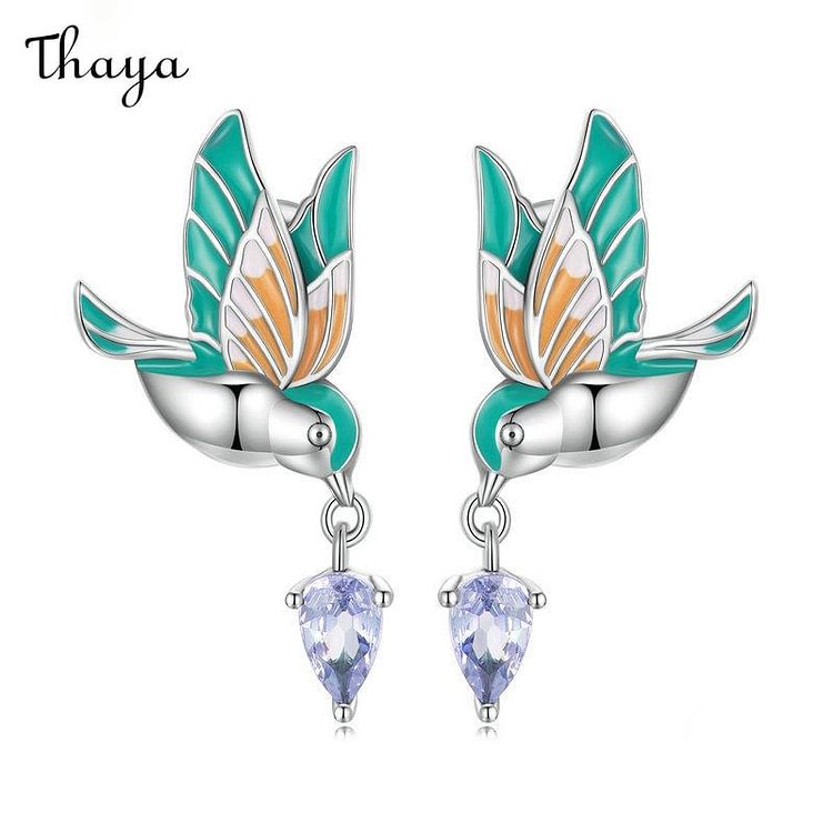 Thaya 925 Silver Oil Drop Craft Kingfisher Stud Earrings Set