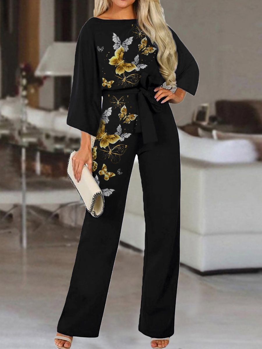Fashion Butterfly Print Belted Jumpsuit Women