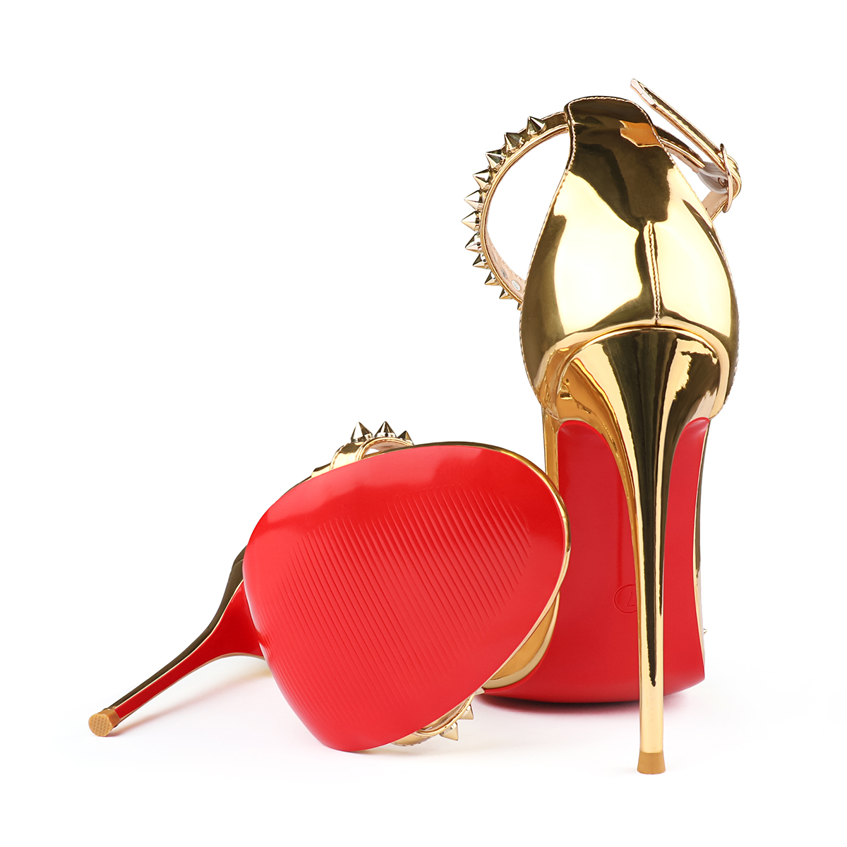 120mm Women's Pointed Toe Open Toe Rivet Ankle Strap Red Bottom Sandals Pumps Shoes-MERUMOTE