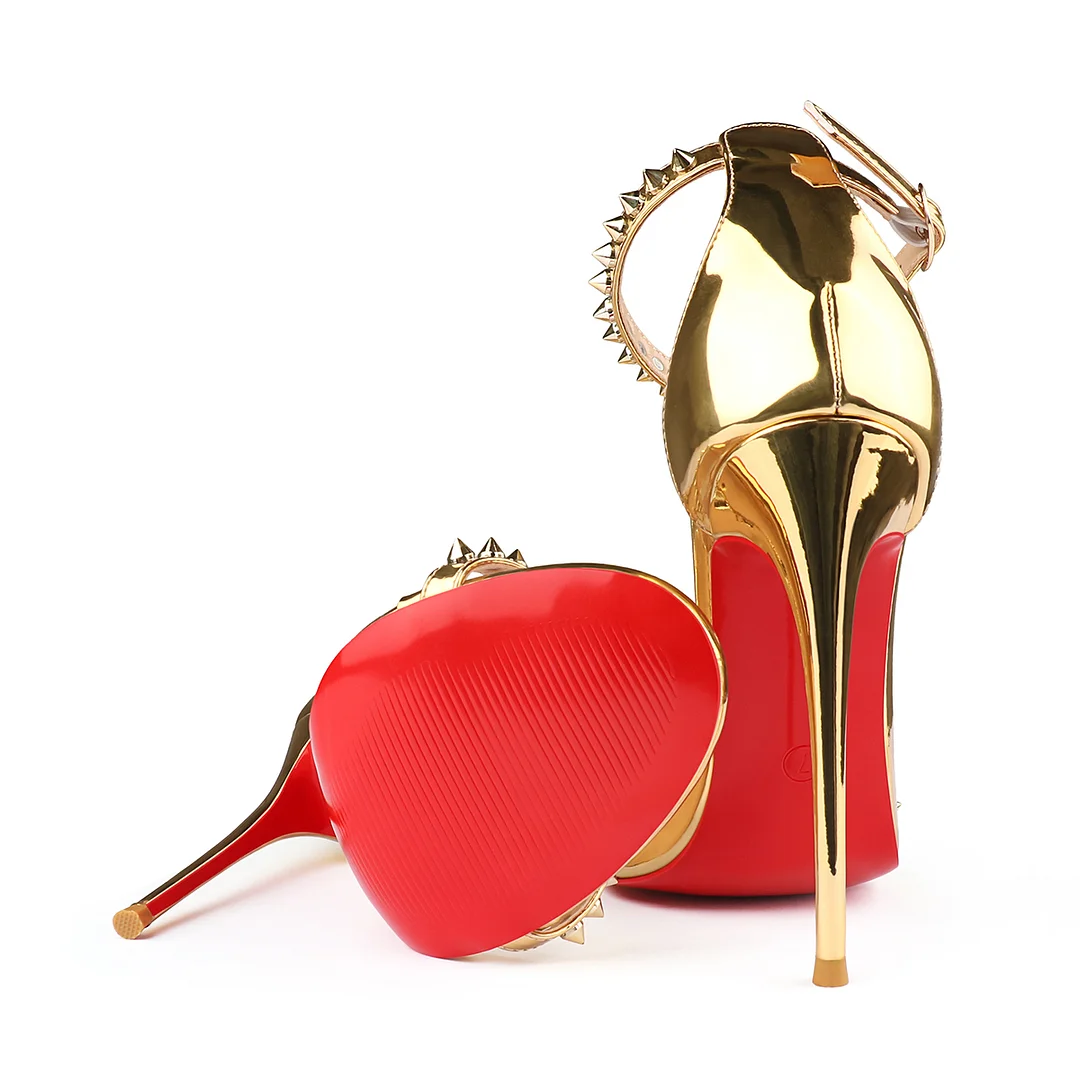 120mm Women's Pointed Toe Open Toe Rivet Ankle Strap Red Bottom Sandals Pumps Shoes-MERUMOTE