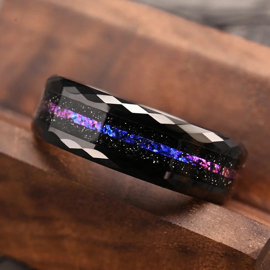 8MM Tungsten Carbide Rings Blue Brocade Inlay Couple Wedding Bands Womens and Mens