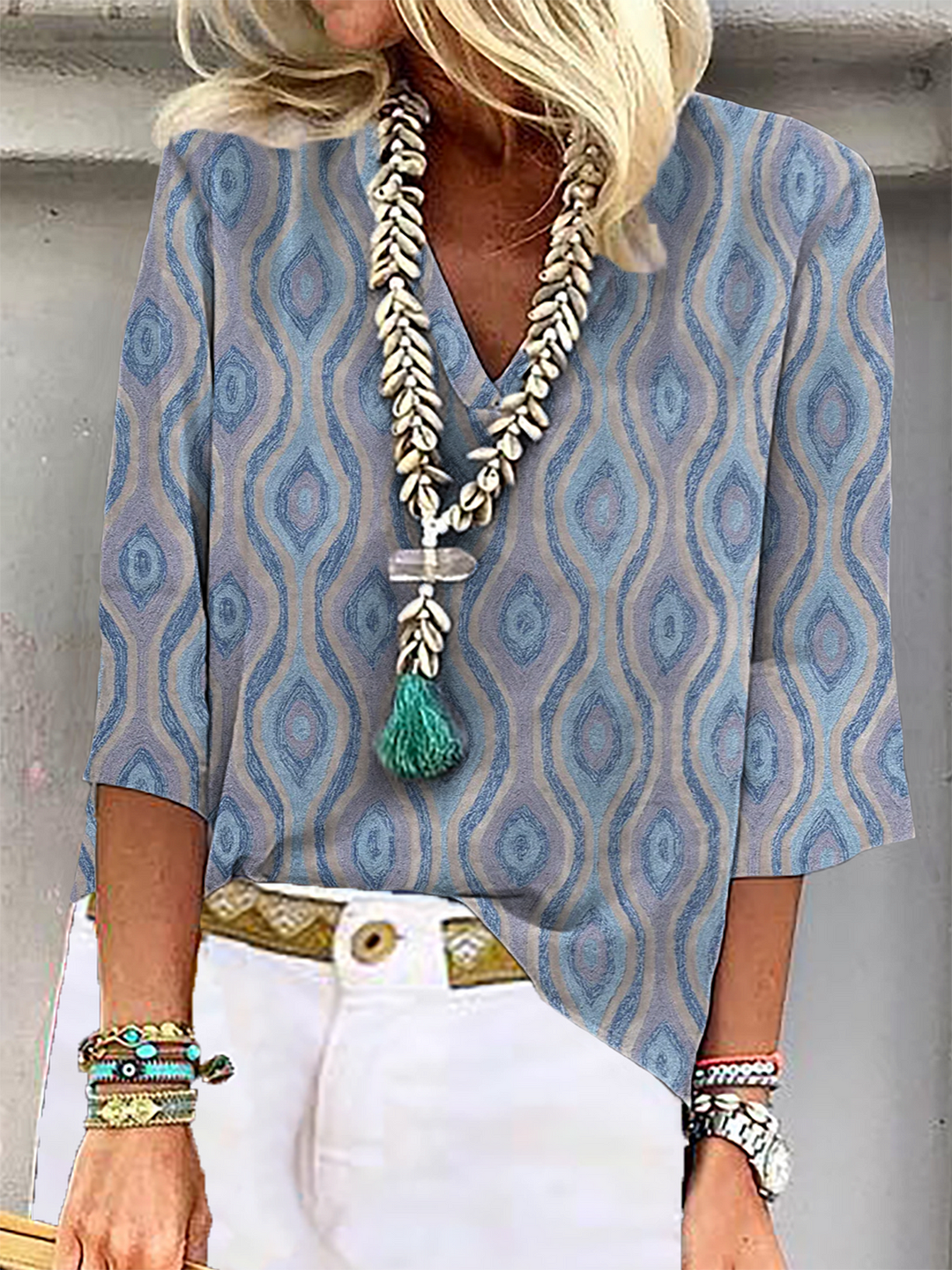 Plus size V Neck Casual Geometric Printed Tops