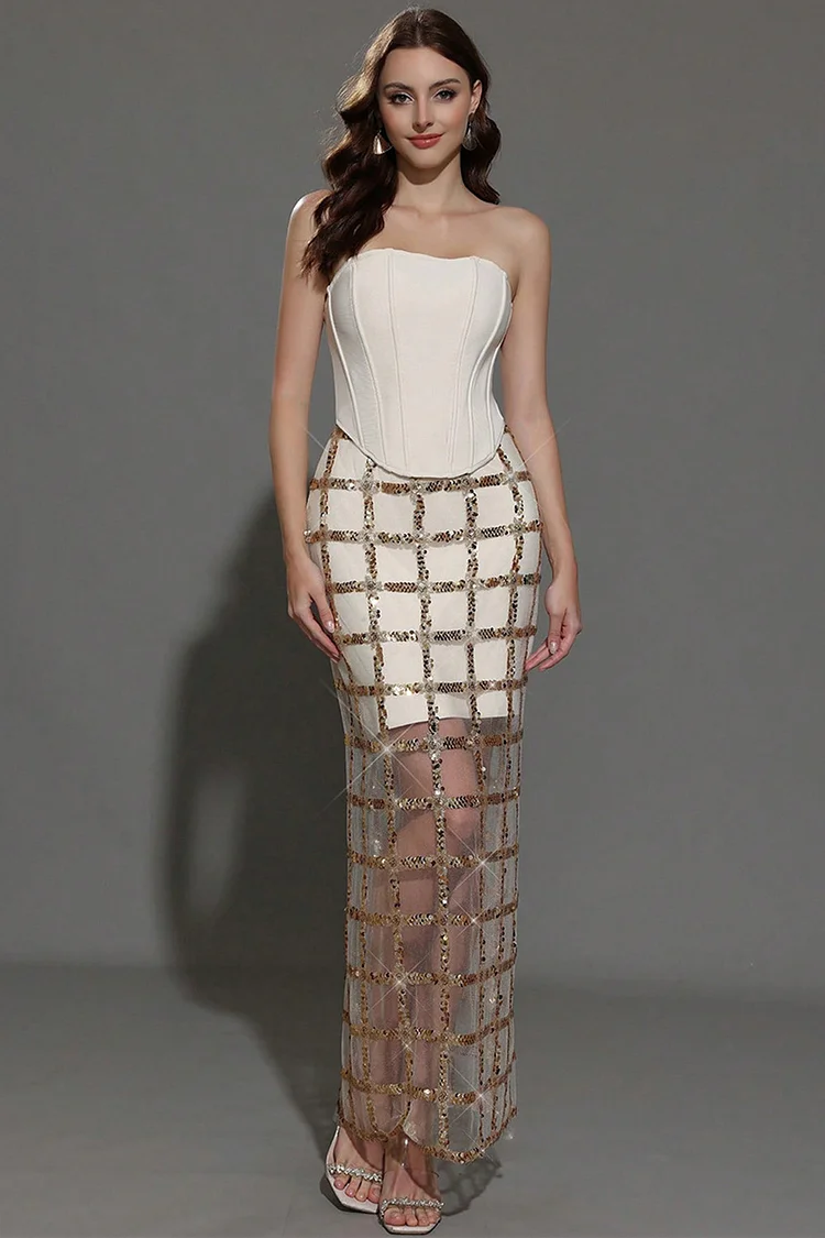 Corset Bodice Mesh Grid Sequin Maxi Dress-Apricot