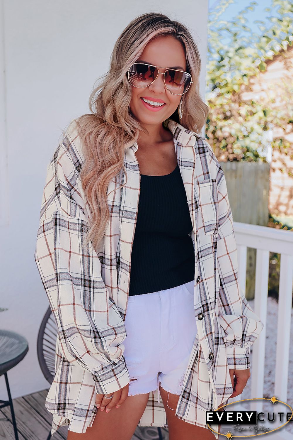 White Oversized Plaid Pattern Shacket with Slits