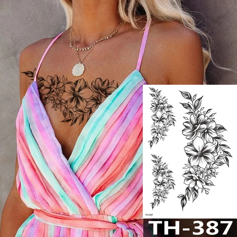 Rose Peony Flower Girls Temporary Tattoos For Women Waterproof Black Tattoo Stickers 3D Blossom Lady Shoulder DIY Tatoos