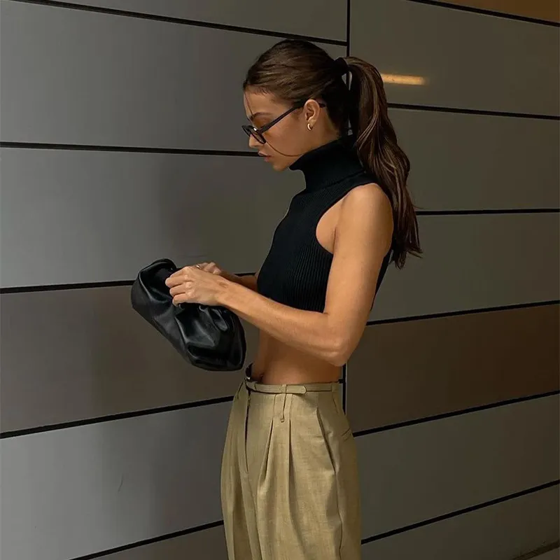 Churchf Churchf Summer New Slim Small Vest Vertical Grain High Collar Open Back Tight Top Direct Sales